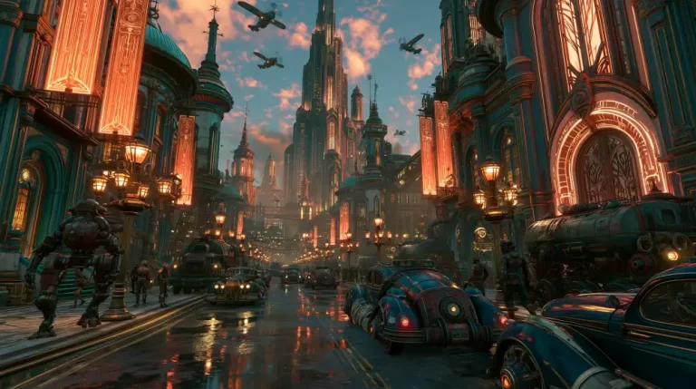 A wide dieselpunk avenue at twilight with towering industrial gothic skyscrapers, heavy mechanical walkers, retro armored cars, and bright orange vertical neon signs.