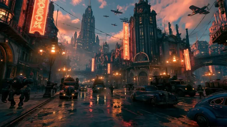 A wide dieselpunk avenue at dusk with wet reflective asphalt, vintage cars, heavy armored trucks, walking robots, and glowing orange neon banners hanging from ornate industrial skyscrapers.