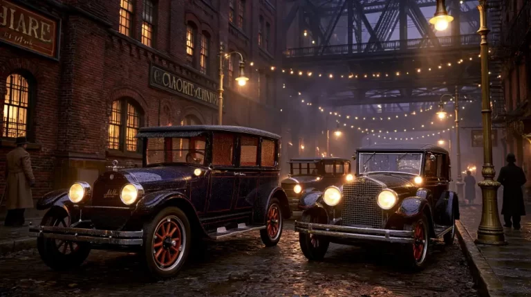 Two classic vintage cars parked on a rain-slicked cobblestone alley flanked by brick industrial buildings and hanging string lights at night.