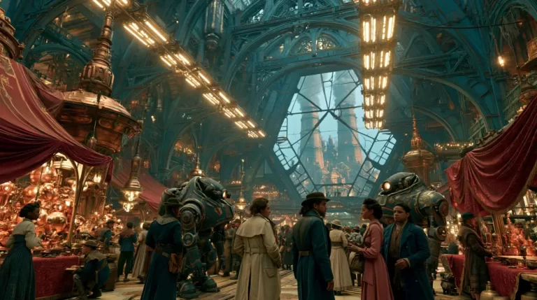 A bustling dieselpunk indoor market with a high blue steel arched ceiling, multiple shoppers, and heavy automated robots walking between stalls.