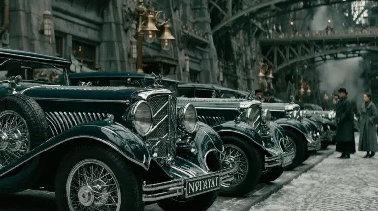 A row of glossy dark green dieselpunk vintage luxury cars parked along a cobblestone street with industrial metal bridges and people in long coats in the background.