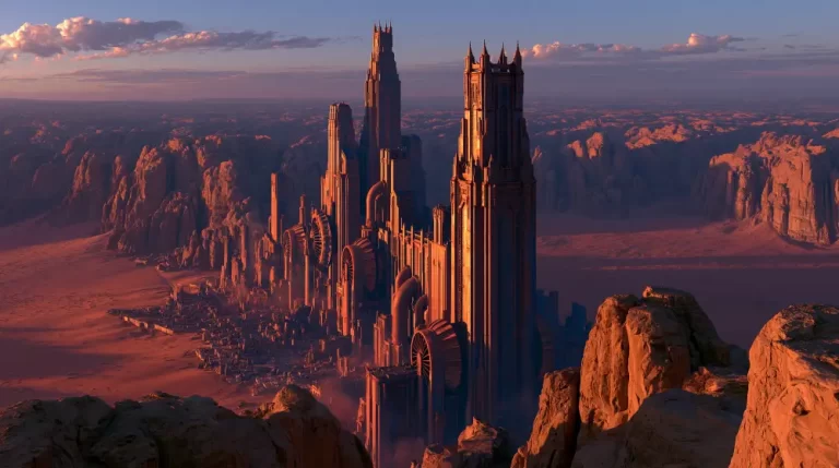 A high angle view of a colossal dieselpunk megacity with towering gothic industrial skyscrapers nestled in a vast red desert canyon.