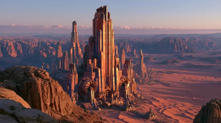 A sprawling dieselpunk industrial city with towering art deco skyscrapers and large ventilation turbines set in a vast desert canyon landscape at sunset.