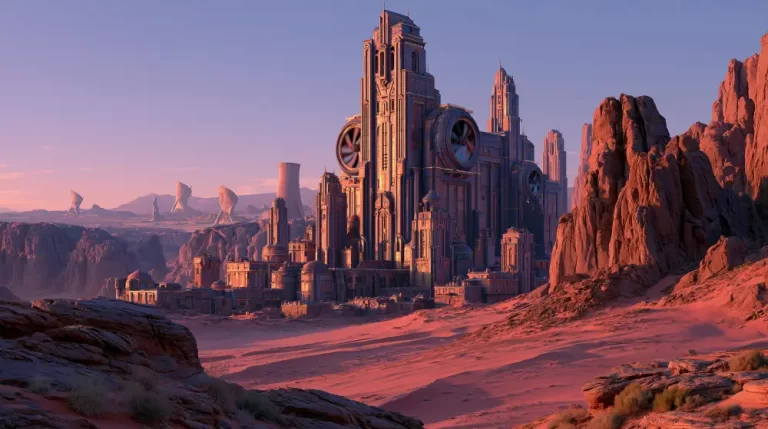 A massive art deco dieselpunk fortress city nestled within a red rock canyon desert under a soft twilight sky.