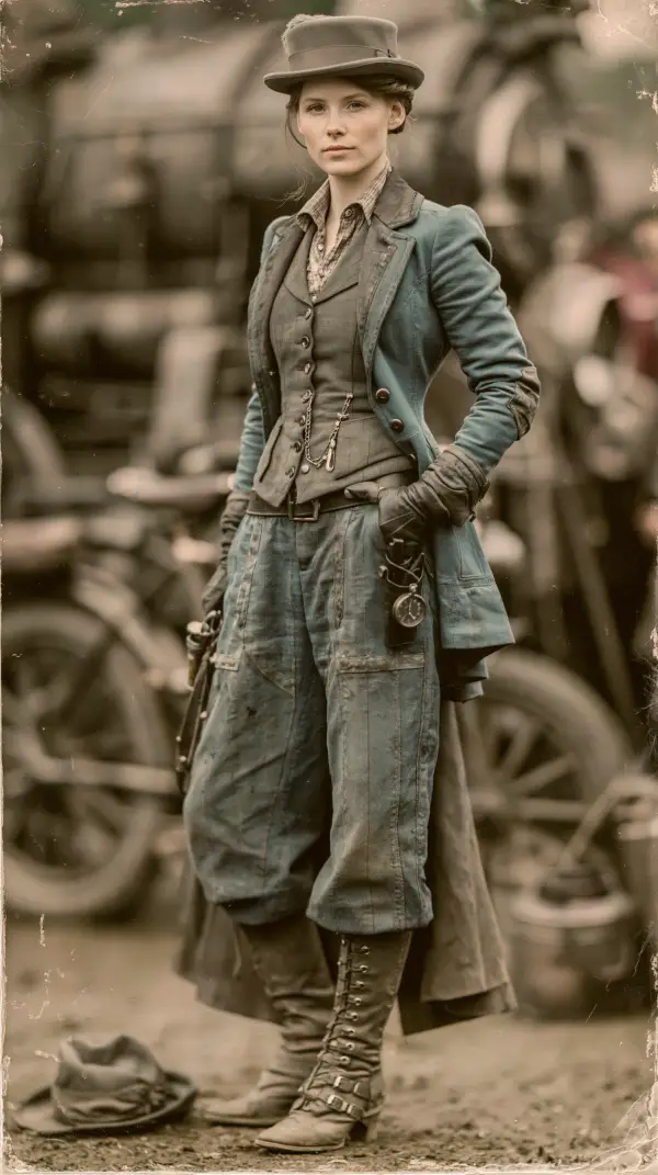 A stylish dieselpunk female engineer stands confidently before heavy industrial machinery wearing practical vintage work attire.