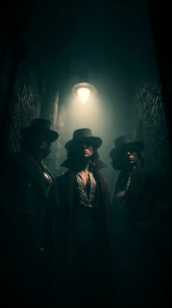 Three mysterious women in vintage dieselpunk clothing standing beneath a dim streetlamp in a narrow foggy alley.