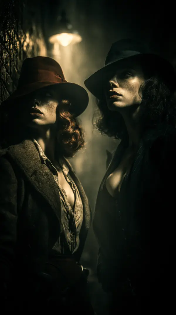 Two stylish dieselpunk women wearing wide-brimmed hats stand cautiously in a dimly lit alley filled with mystery and shadows.