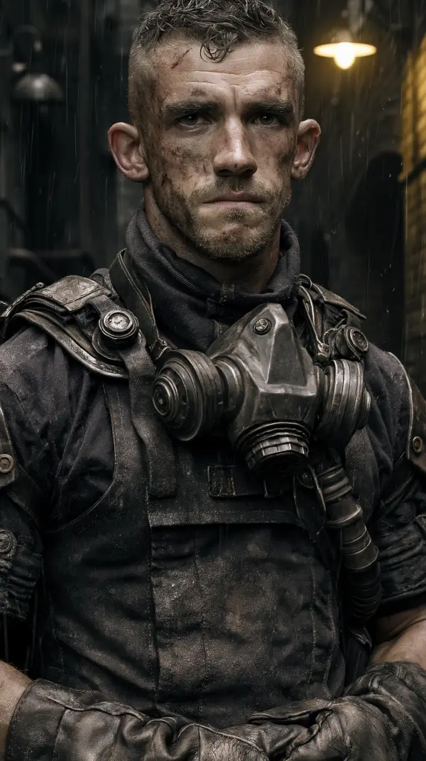 A rugged dieselpunk saboteur stands in a rain-soaked industrial alley wearing heavy protective gear and a gas mask around his neck.