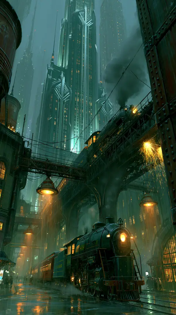 A towering dieselpunk megacity surrounds a steam locomotive beneath elevated railways, glowing lights, and rain-soaked industrial streets.