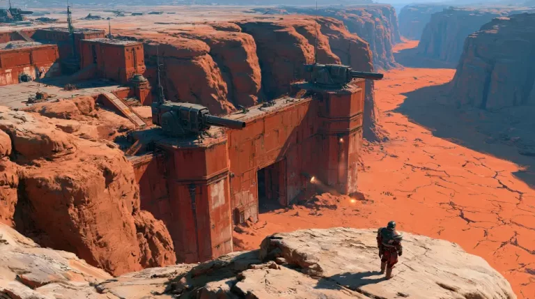 An armored soldier looking down from a high rocky cliff at a massive orange industrial fortress gate with twin artillery turrets blocking a cracked desert canyon valley.