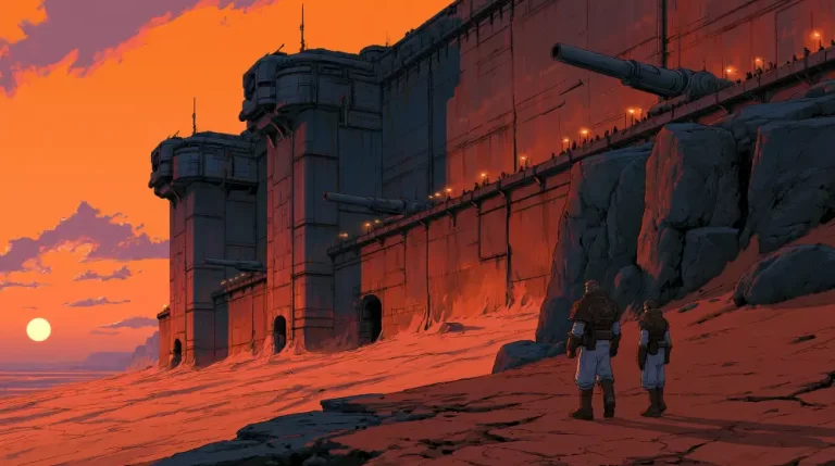 Two armored soldiers walking along a sandy shore towards a colossal concrete fortress with heavy artillery cannons at sunset.