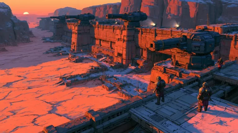 A massive dieselpunk defensive wall fortress with giant artillery cannons in a snowy desert valley under a bright orange sunset