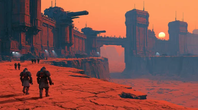 Two armored dieselpunk soldiers patrolling a rocky cliffside near a massive fortified outpost with artillery towers at sunset.