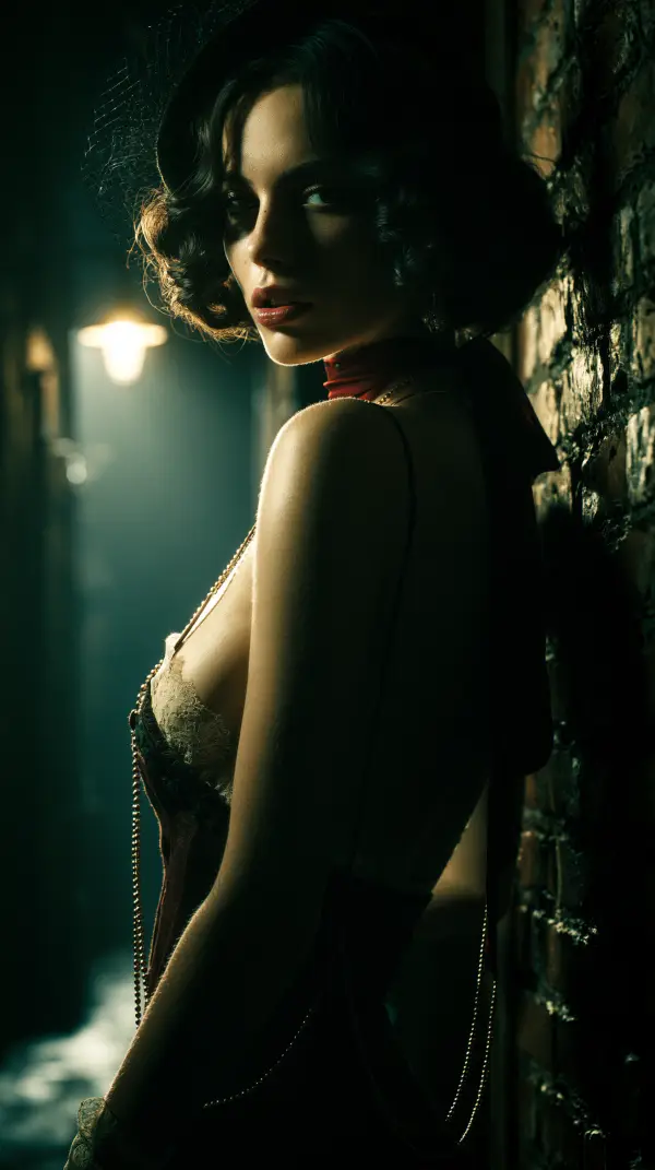 A glamorous dieselpunk femme fatale stands beside a brick wall in a dimly lit alley with a mysterious noir atmosphere.