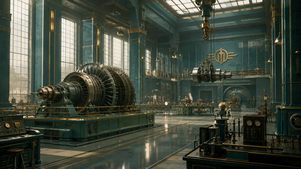A grand dieselpunk power plant interior featuring large blue-green turbines, control panels with dials, and a heavy overhead crane mechanism.
