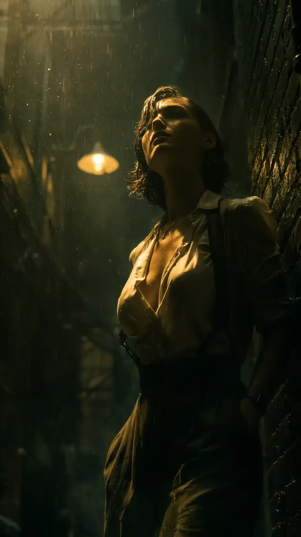 A determined dieselpunk woman stands beneath pouring rain in a narrow alley illuminated by a warm vintage streetlamp.