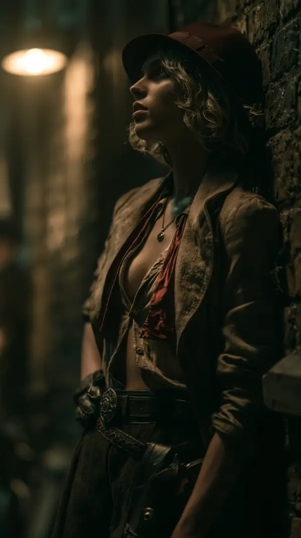 A dieselpunk woman in vintage attire leans against a brick wall beneath dim alley lighting, watching the street cautiously.