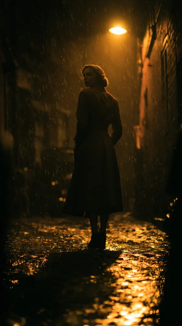 A solitary dieselpunk woman walks through a rain-soaked alley illuminated by a warm streetlamp in a classic noir setting.
