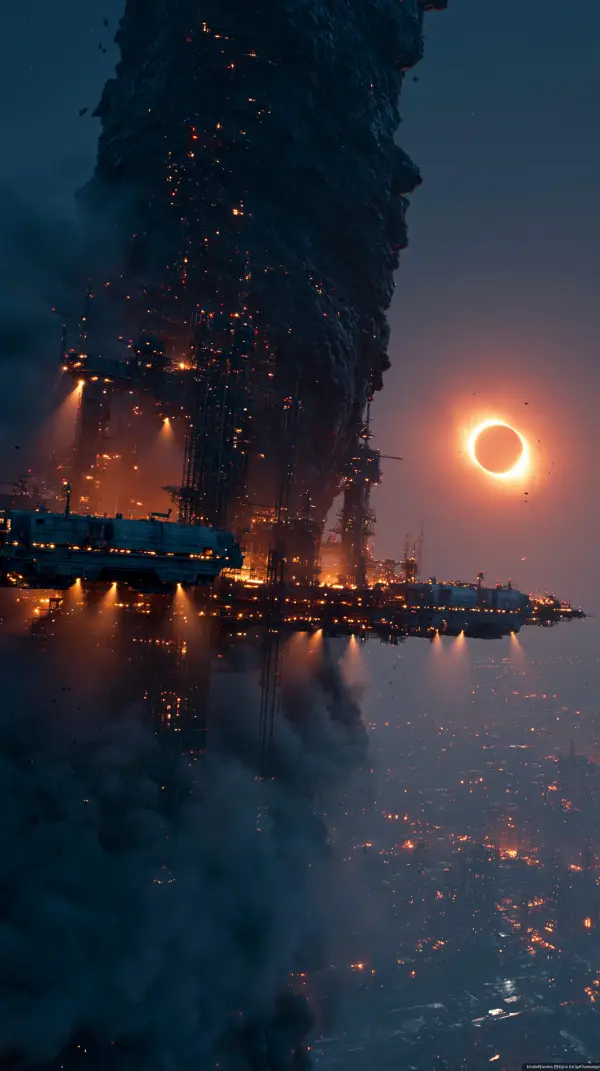 A colossal industrial mining complex is built into a massive asteroid beneath a dramatic solar eclipse, glowing with interstellar activity.