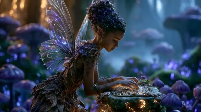 A small mythical fairy with translucent crystal wings and pointed elf ears rests her hands on a glowing stone altar in a purple mushroom forest