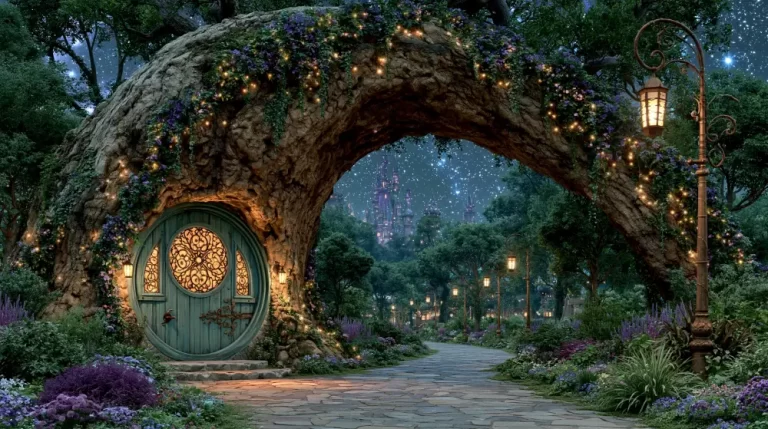 A round turquoise door with gold patterns built into a massive tree arch covered in fairy lights overlooking a path towards a distant castle at night