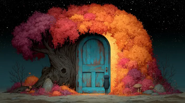 A small hooded figure stands before a large weathered blue wooden door built into the base of a massive colorful autumn tree under a starry night sky