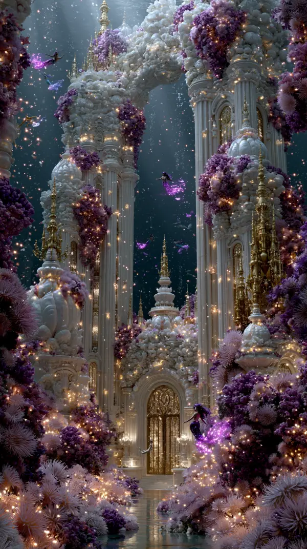 Graceful mermaids swim around an enchanted underwater palace surrounded by glowing coral towers, ornate gateways, and luminous marine gardens.