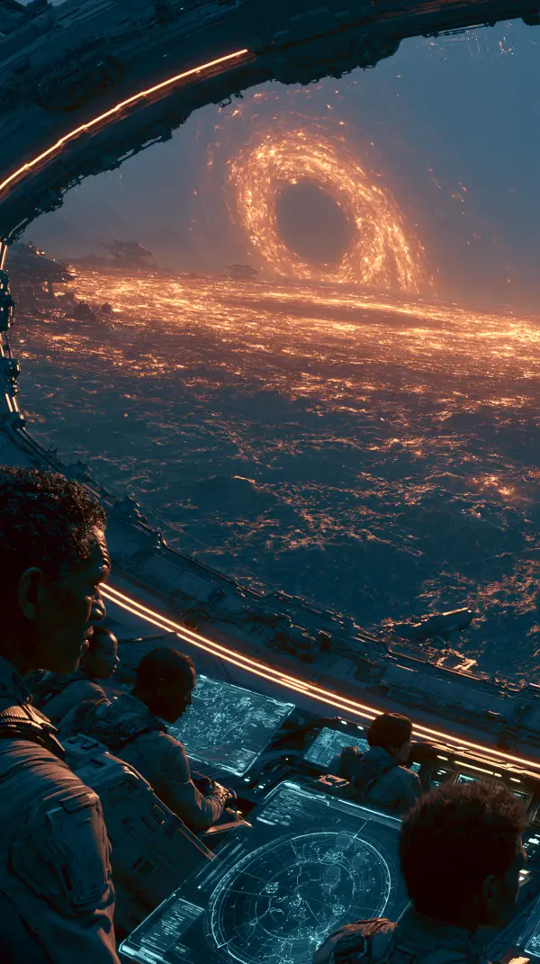 Crew members monitor a massive glowing event horizon from the command bridge of an advanced interstellar starship.