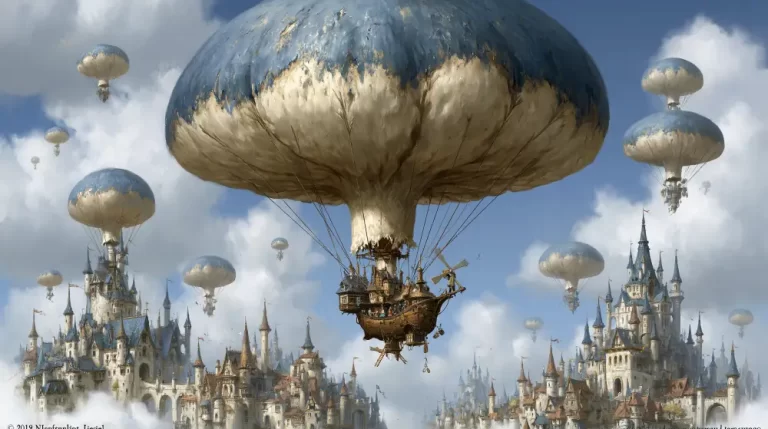 A large wooden airship with a massive blue and cream hot air balloon floats above a sprawling kingdom of white stone castles