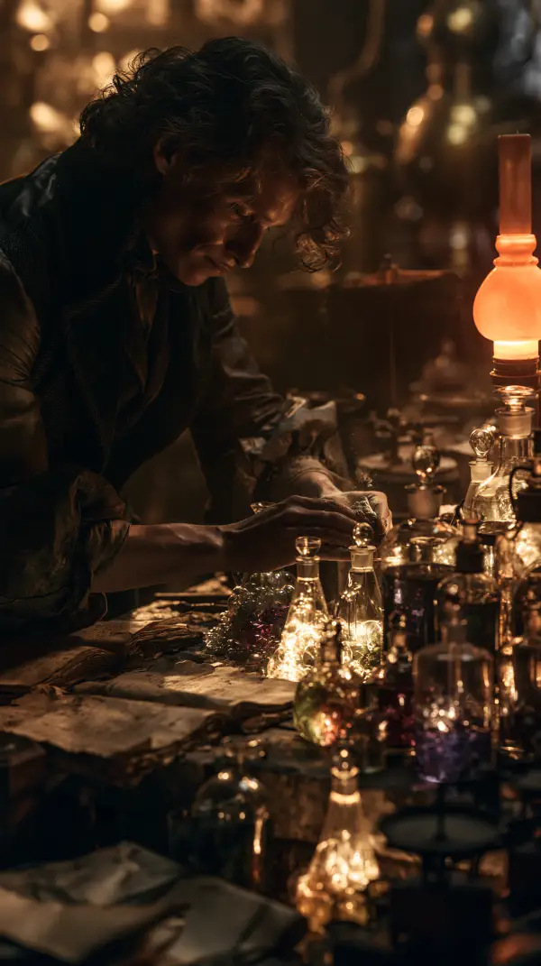 A fantasy alchemist carefully prepares magical potions inside a candlelit workshop filled with glowing glass bottles and ancient manuscripts.