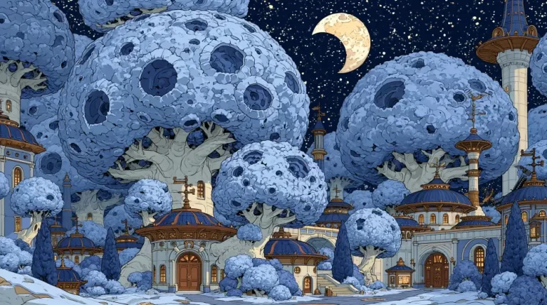 A cozy blue village with rounded towers and dome roofs nestled under massive cratered blue trees beneath a crescent moon