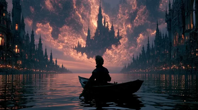 A solitary traveler in a small rowboat looks up at a massive gothic castle floating in fiery clouds above a dark canal city
