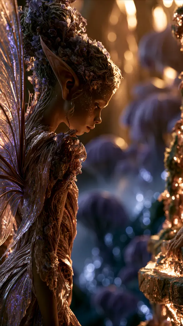A graceful flower-crowned fairy with delicate wings stands in profile among glowing enchanted blossoms in a magical forest.