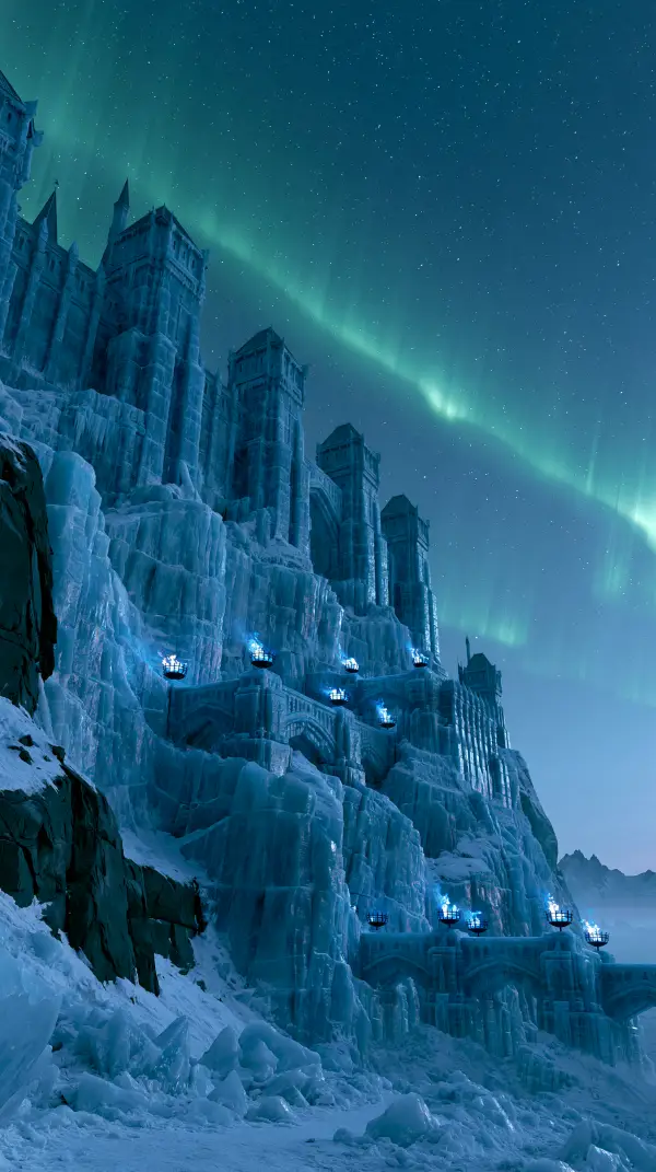A colossal frozen citadel rises above icy cliffs beneath shimmering northern lights, surrounded by snow, ice, and glowing blue flames.