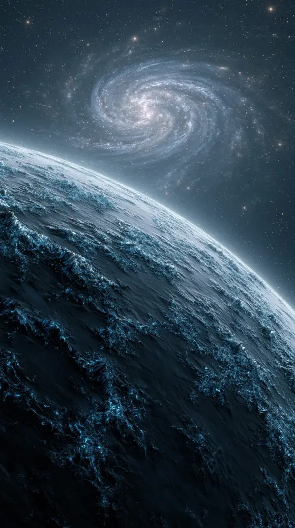 A frozen rogue planet drifts through interstellar space with icy terrain stretching beneath a distant spiral galaxy and countless stars.