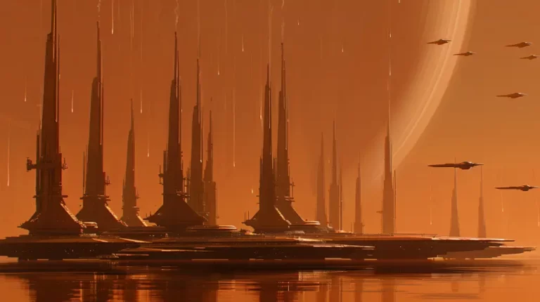 A futuristic planetary city with tall slender spires rising from floating platforms on water under an orange hazy sky with spacecrafts flying near a massive ringed planet