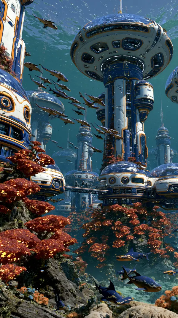 A futuristic underwater city with towering dome structures rises above vibrant coral reefs as schools of fish swim through the streets.