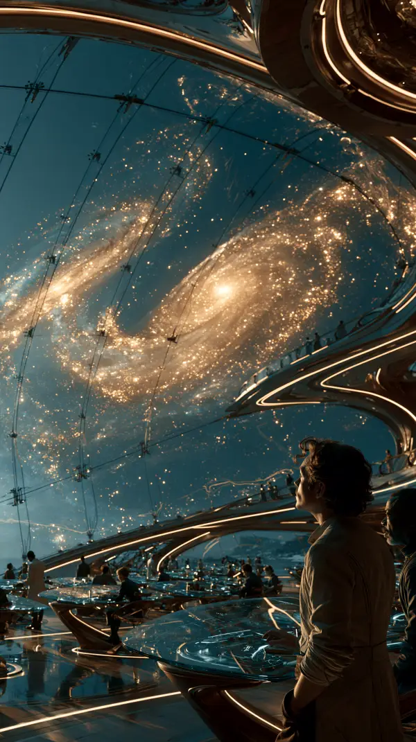 Visitors gather inside a futuristic observation atrium overlooking two colliding galaxies through an immense transparent dome.