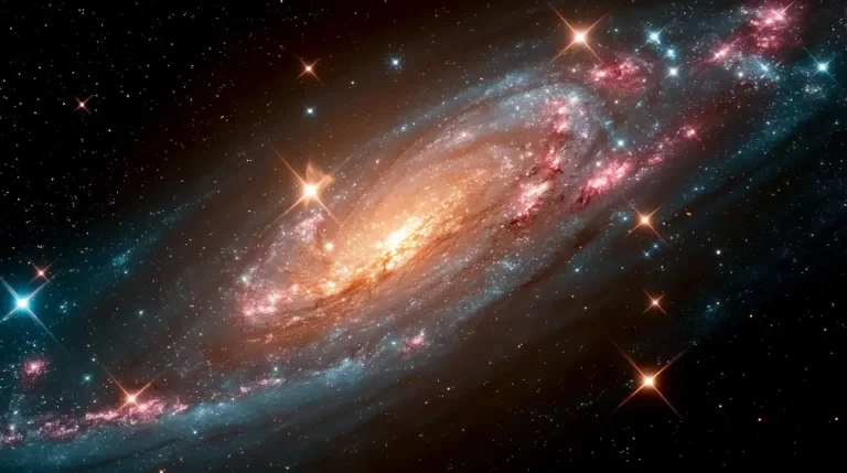 A spectacular view of a massive diagonal spiral galaxy with a glowing orange core and detailed blue dust arms.