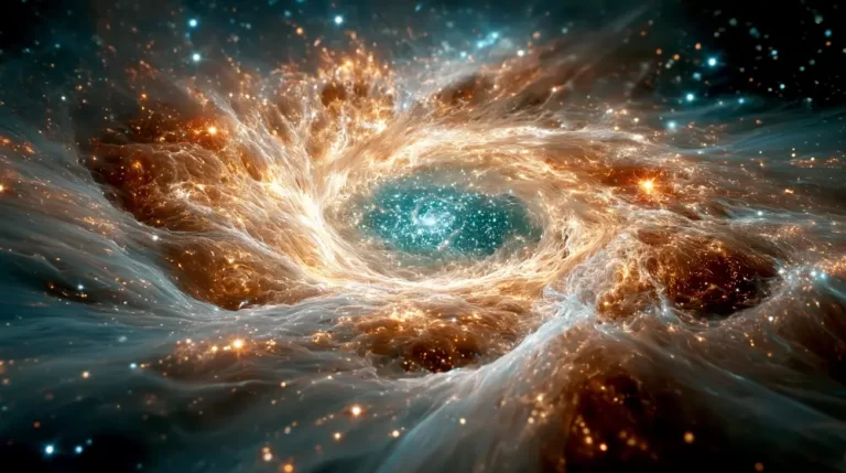 A spectacular view of a swirling golden cosmic vortex spiraling into a bright blue galactic core in deep space.
