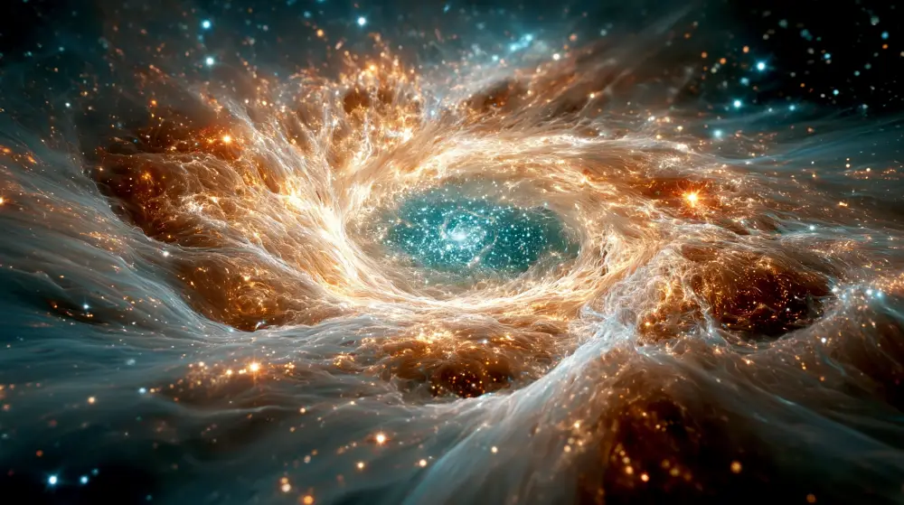 A spectacular view of a swirling golden cosmic vortex spiraling into a bright blue galactic core in deep space.