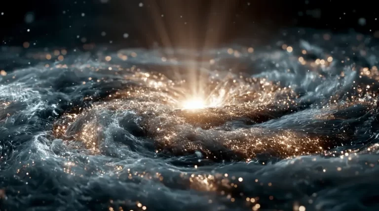 A spectacular close-up view of a shimmering silver and gold stellar vortex spiraling into a bright cosmic core.