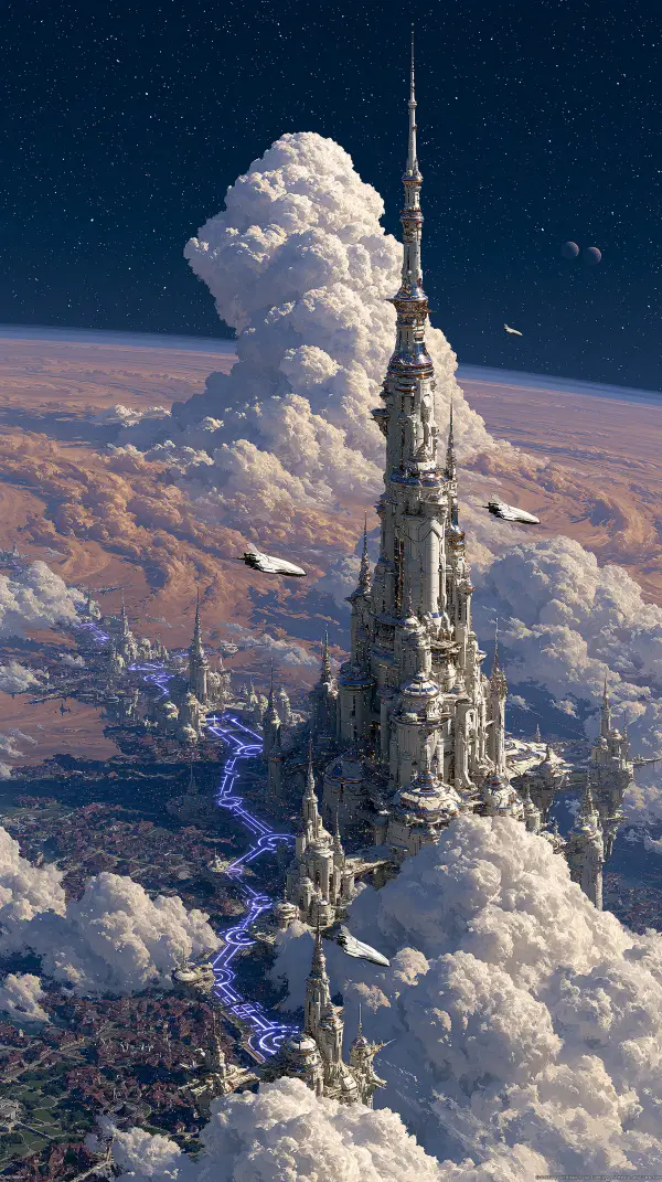 A magnificent futuristic metropolis rises above the clouds of a gas giant with towering spires and spacecraft cruising overhead.