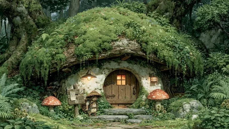 A small round cottage covered in thick green moss and ferns with a tiny traveler standing near a circular wooden door