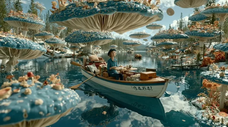 A young traveler sitting in a small wooden rowboat navigates a calm river surrounded by massive blue and white spotted mushrooms