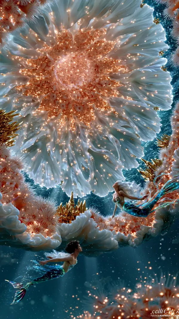 Two mermaids admire a colossal glowing coral flower blooming above an enchanted underwater sanctuary filled with shimmering marine life.