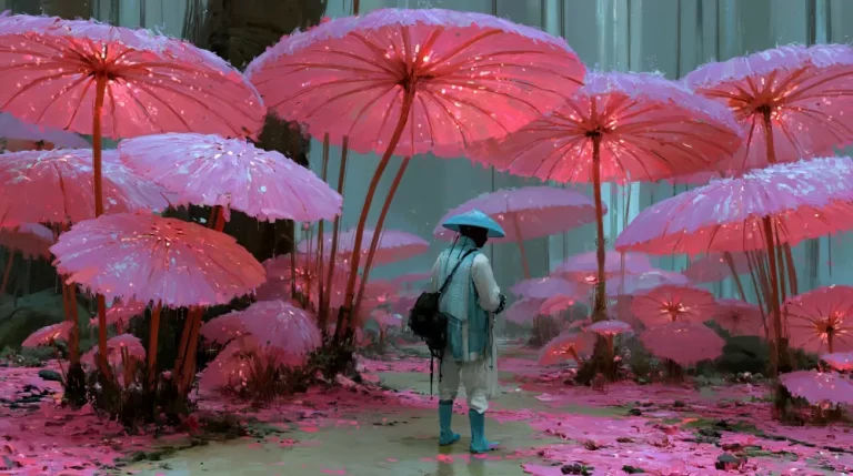 A traveler wearing a conical hat and boots stands on a path surrounded by towering bright pink mushroom caps shaped like umbrellas