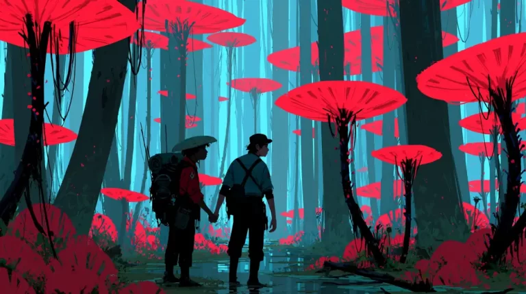 Two travelers holding hands stand in an alien forest filled with towering dark trees and massive glowing red mushroom caps