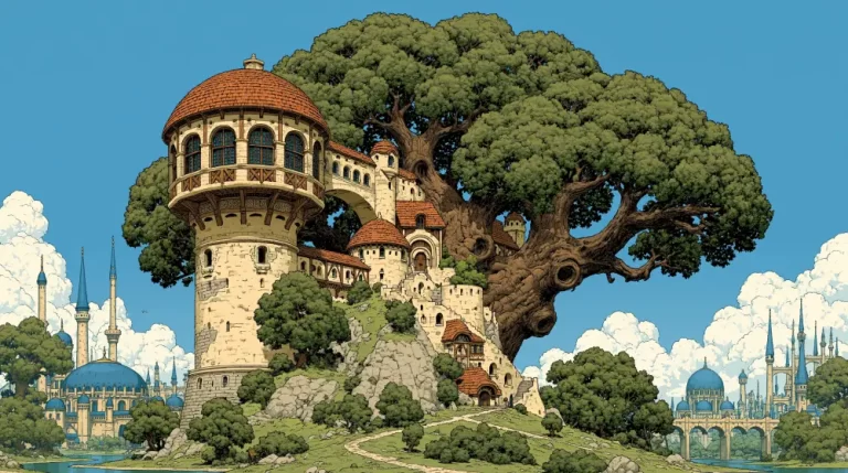 A large stone watchtower with a red dome roof connected to an ancient giant tree fortress overlooking a valley city