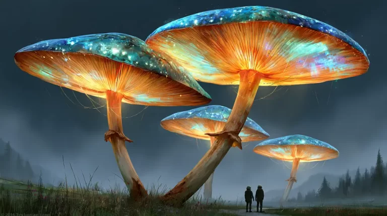 Two small travelers stand beneath giant bioluminescent mushrooms with caps that glow like a starry nebula over a misty forest meadow